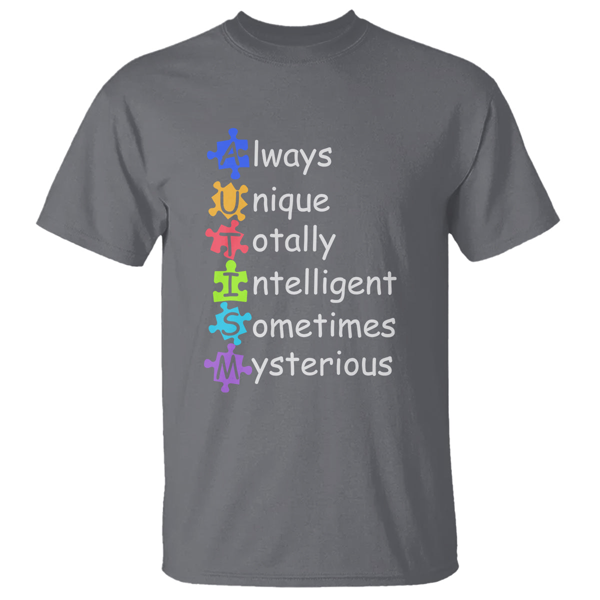 Charcoal gray autism definition graphic T-shirt with rainbow text and puzzle-piece figures