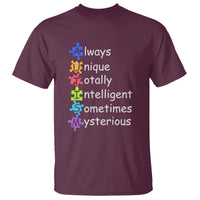 Maroon autism definition graphic T-shirt with rainbow text and puzzle-piece figures