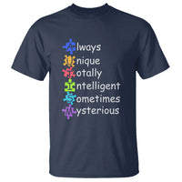 Navy autism definition graphic T-shirt with rainbow text and puzzle-piece figures