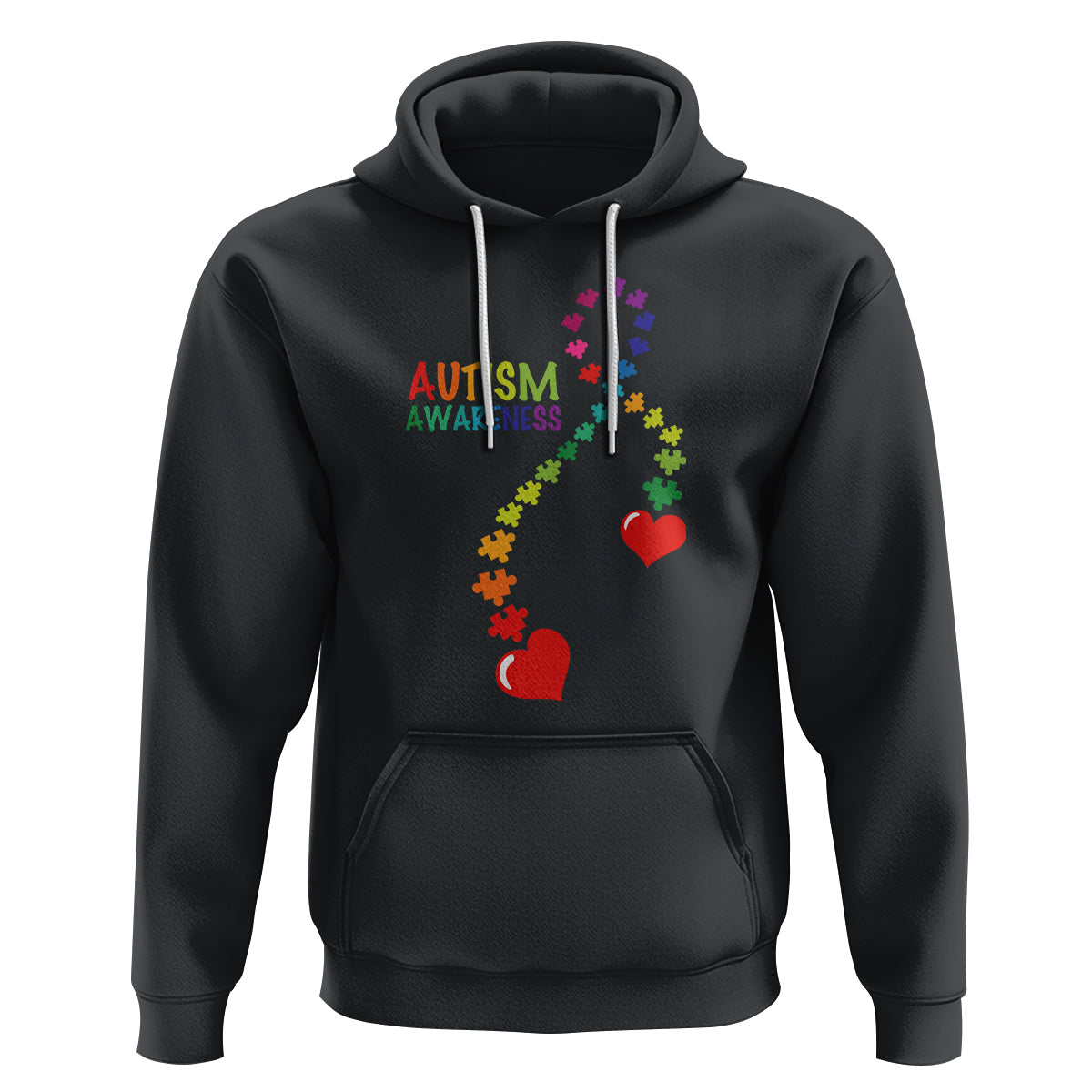 Black autism awareness hoodie with colorful puzzle-heart graphic and front pocket, hood.