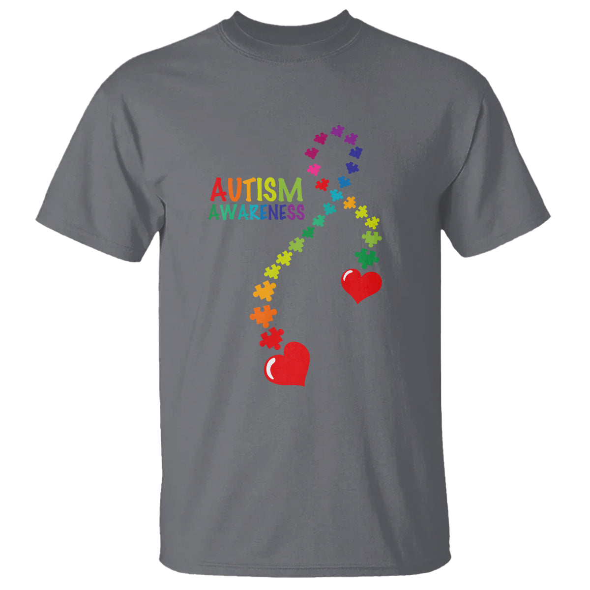 Charcoal autism awareness T-shirt with puzzle-heart ribbon and red heart icons