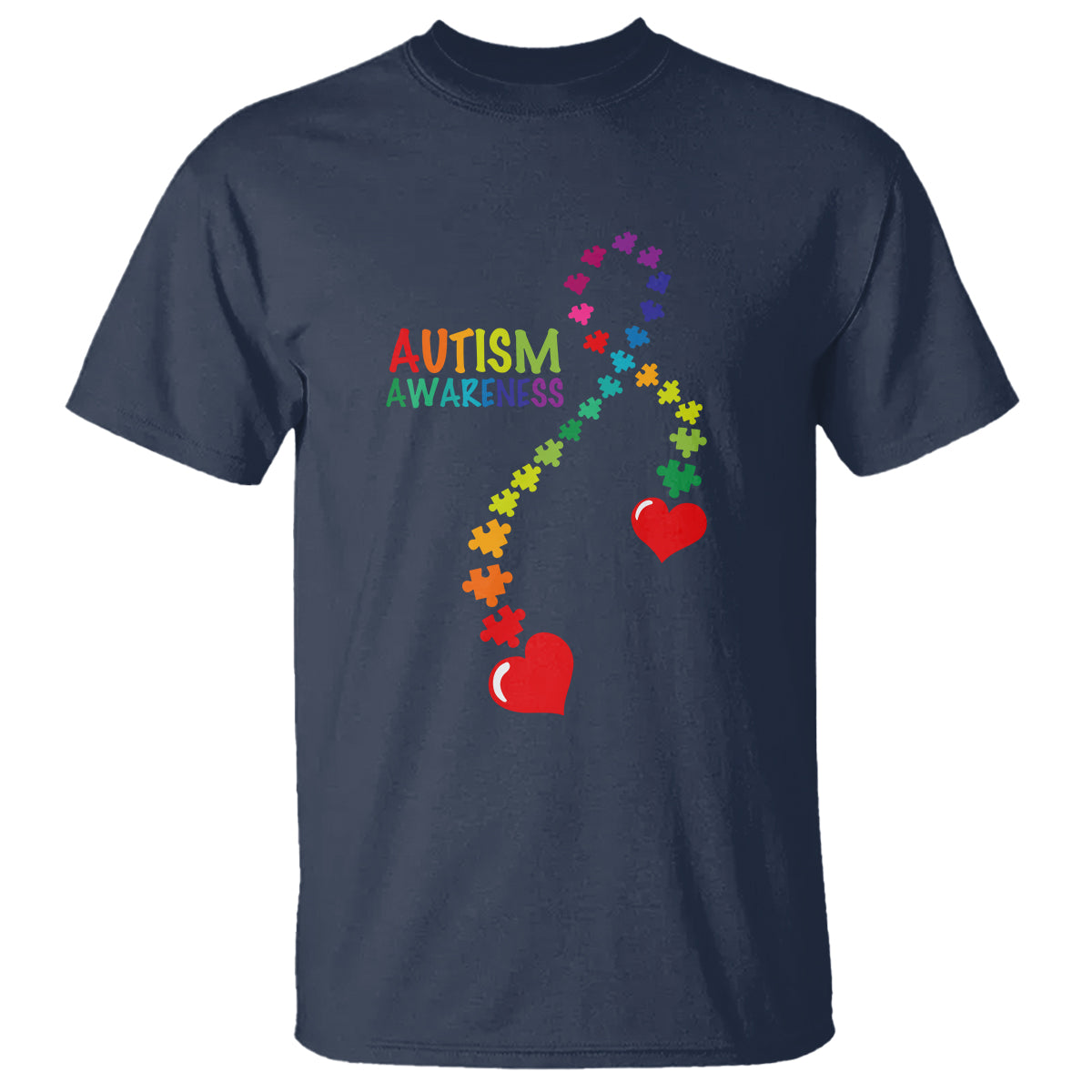 Navy autism awareness T-shirt with puzzle-heart ribbon and red heart icons