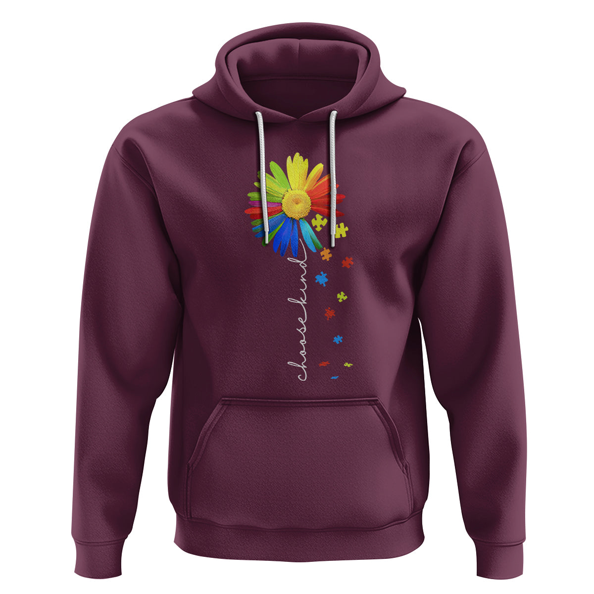Maroon hoodie with sunflower and colorful puzzle-piece ribbon graphic, front kangaroo pocket