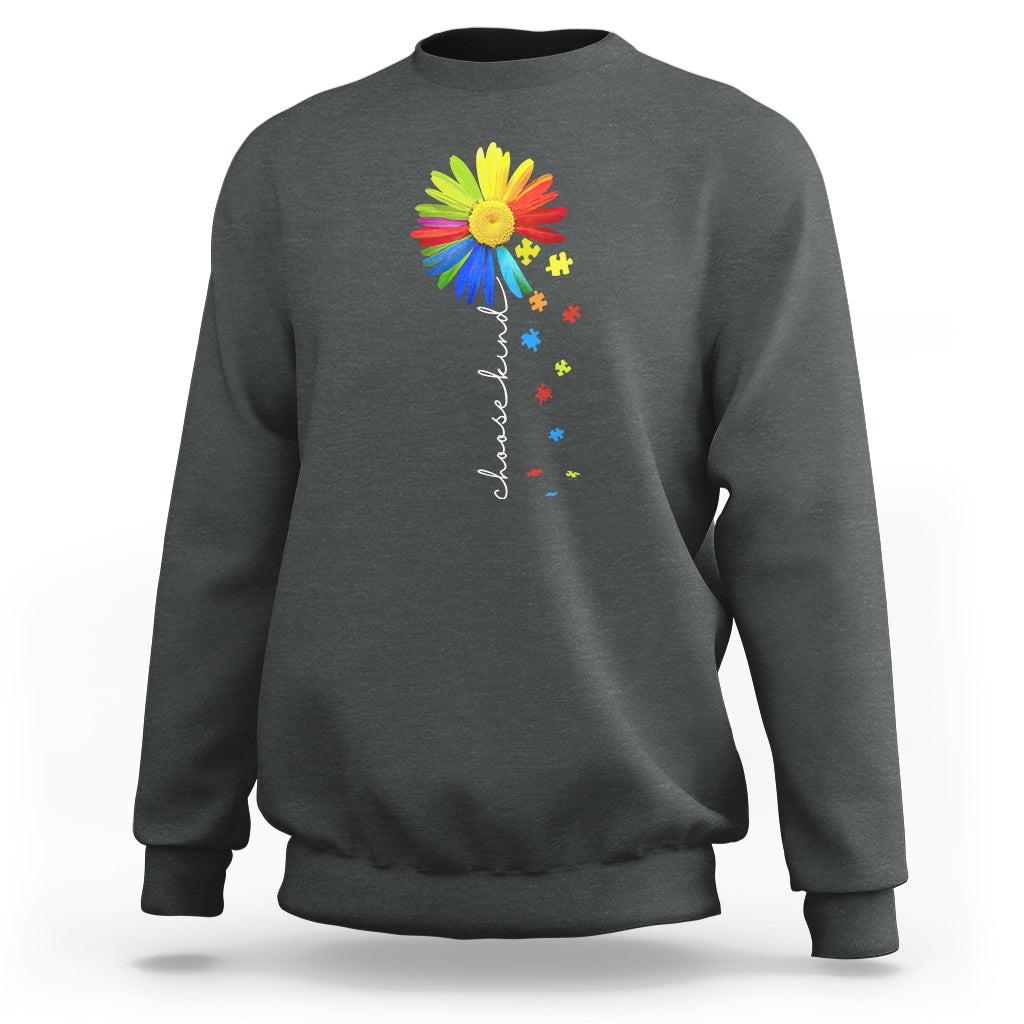 Heather gray crewneck sweatshirt with colorful sunflower and rainbow puzzle graphic on chest
