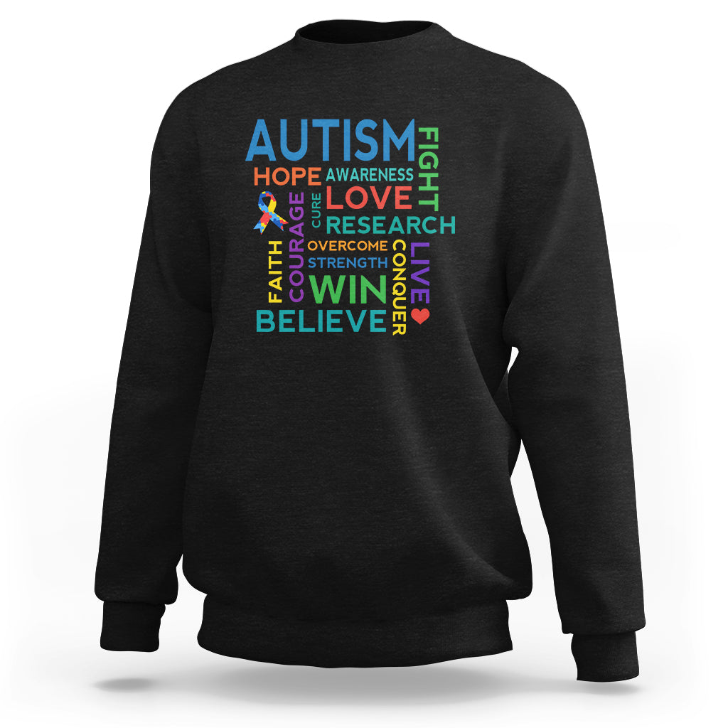 Black autism support sweatshirt with colorful 'AUTISM' hope-love-win-believe print