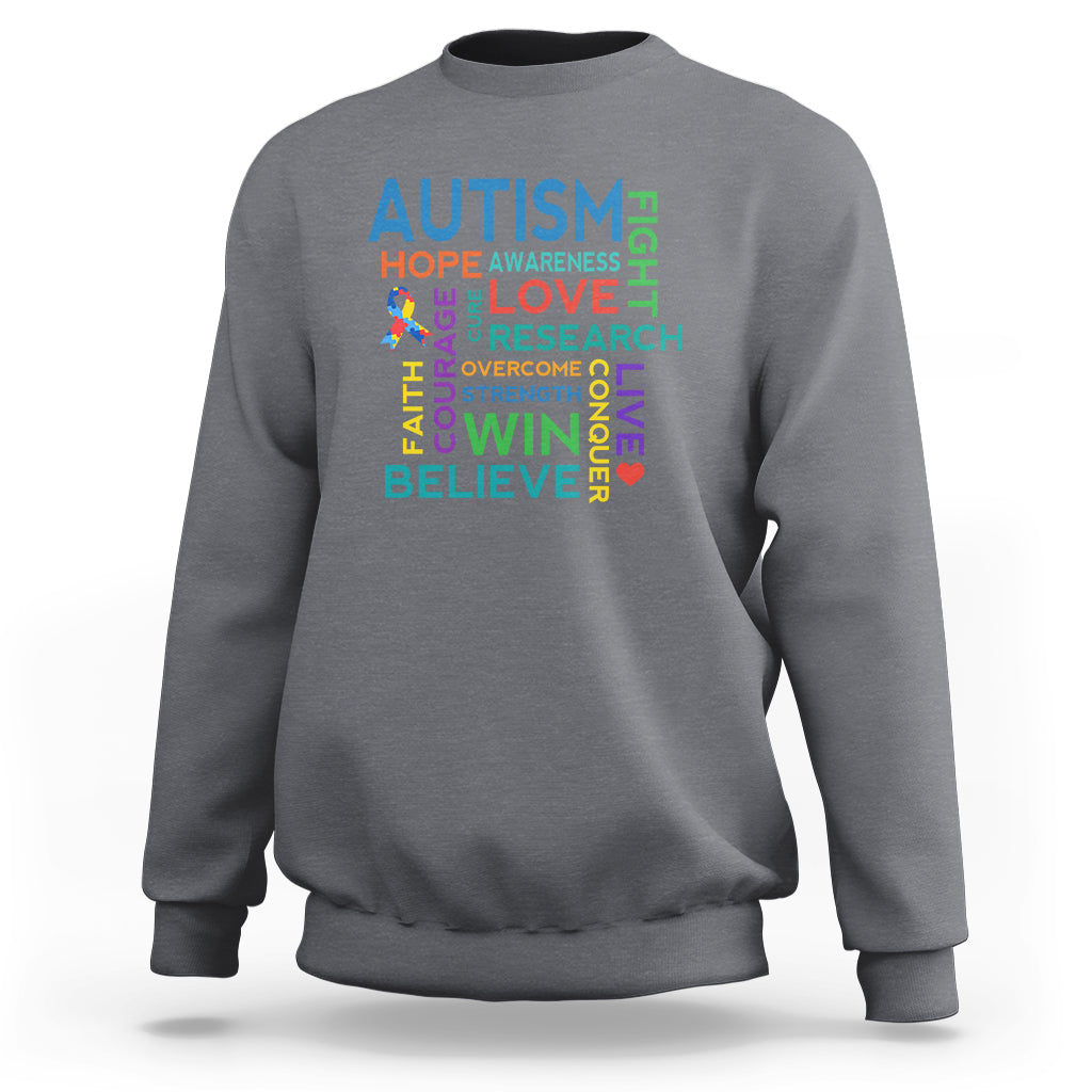 Gray autism support sweatshirt with colorful 'AUTISM' hope-love-win-believe print