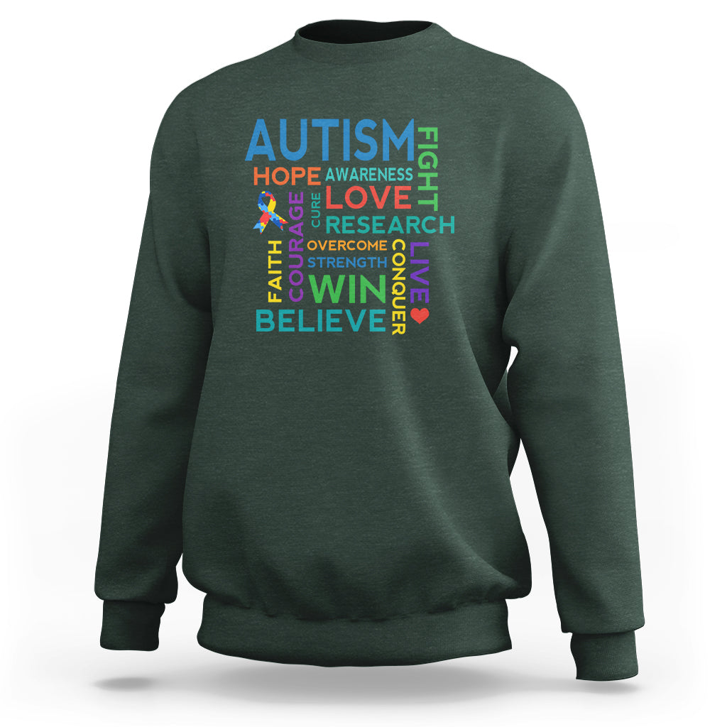 Dark green autism support sweatshirt with colorful 'AUTISM' hope-love-win-believe print