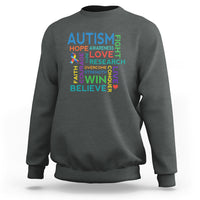 Charcoal gray autism support sweatshirt with colorful 'AUTISM' hope-love-win-believe print