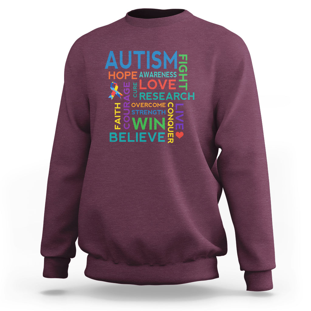 Burgundy autism support sweatshirt with colorful 'AUTISM' hope-love-win-believe print
