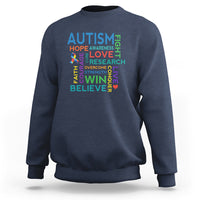 Dark blue autism support sweatshirt with colorful 'AUTISM' hope-love-win-believe print
