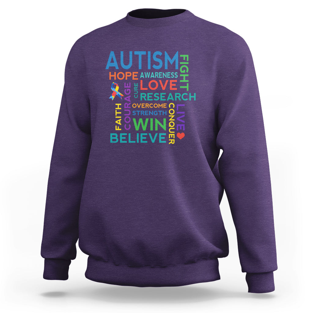 Purple autism support sweatshirt with colorful 'AUTISM' hope-love-win-believe print