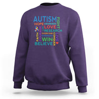 Purple autism support sweatshirt with colorful 'AUTISM' hope-love-win-believe print