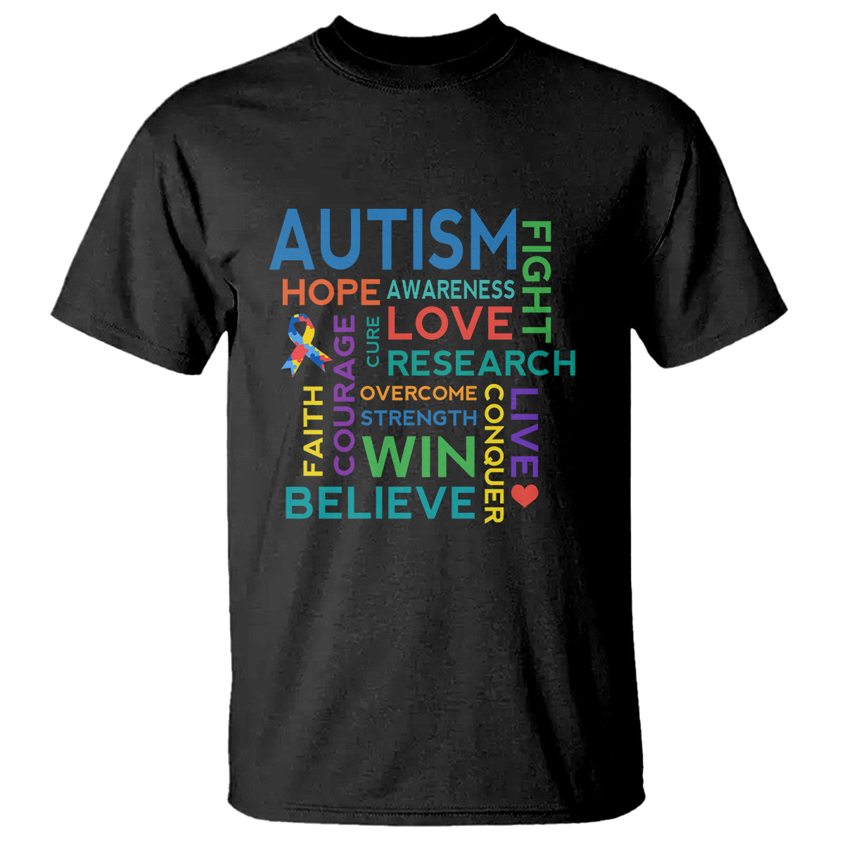 Black autism support T-shirt with multicolor awareness text and rainbow heart graphic