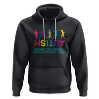 Black autism hoodie with colorful silhouettes and front pocket, drawstring hood