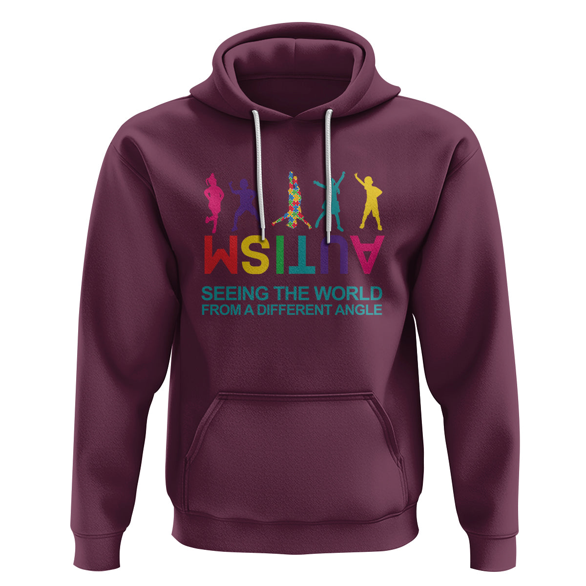 Maroon autism hoodie with colorful silhouettes and 'Seeing the world' text on front