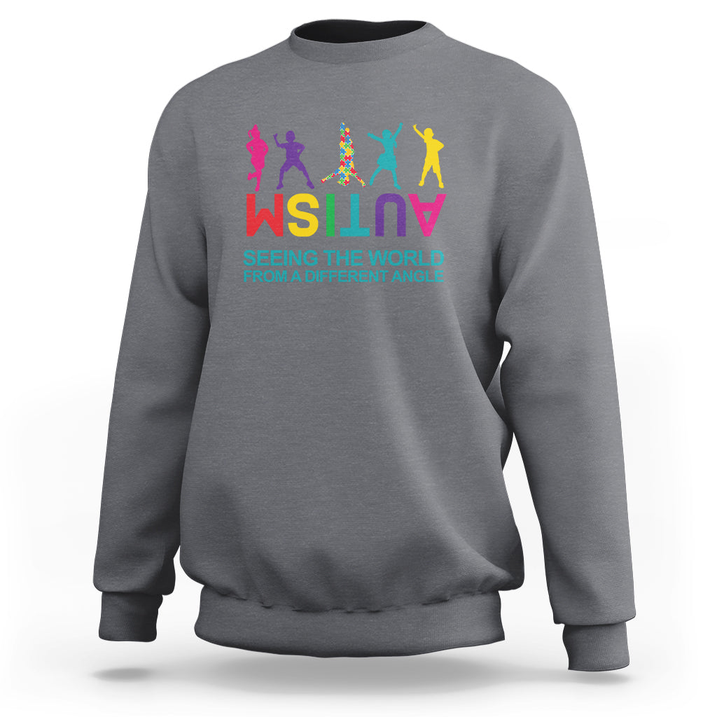 Autism sweatshirt, charcoal gray, colorful world-text graphic on chest