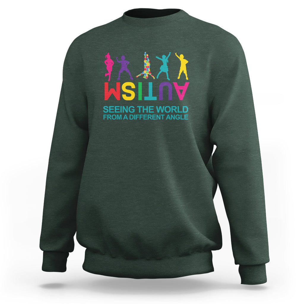 Autism sweatshirt, dark forest green, colorful world-text graphic on chest
