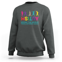 Autism sweatshirt, dark heather gray, colorful world-text graphic on chest
