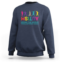 Autism sweatshirt, navy, colorful world-text graphic on chest
