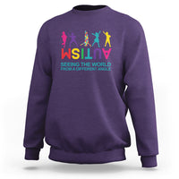 Autism sweatshirt, purple, colorful world-text graphic on chest