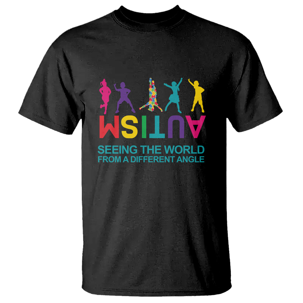 Black graphic t-shirt with colorful figures and “Seeing the world from a different angle”