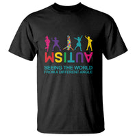 Black graphic t-shirt with colorful figures and “Seeing the world from a different angle”