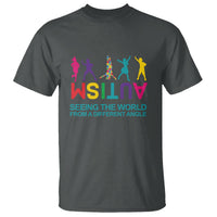 Charcoal graphic t-shirt with colorful figures and “Seeing the world from a different angle”