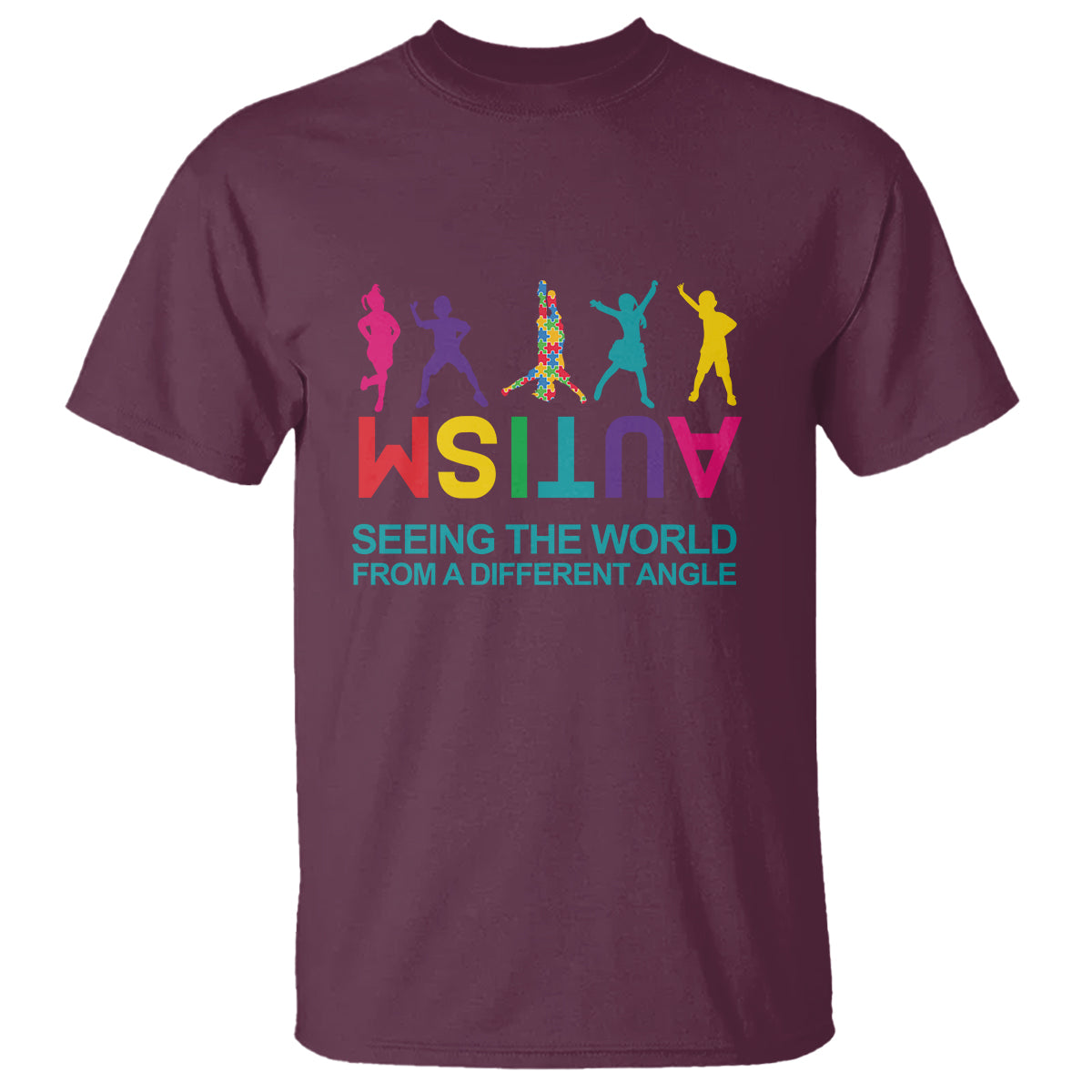 Maroon graphic t-shirt with colorful figures and “Seeing the world from a different angle”
