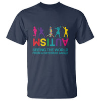 Navy graphic t-shirt with colorful figures and “Seeing the world from a different angle”