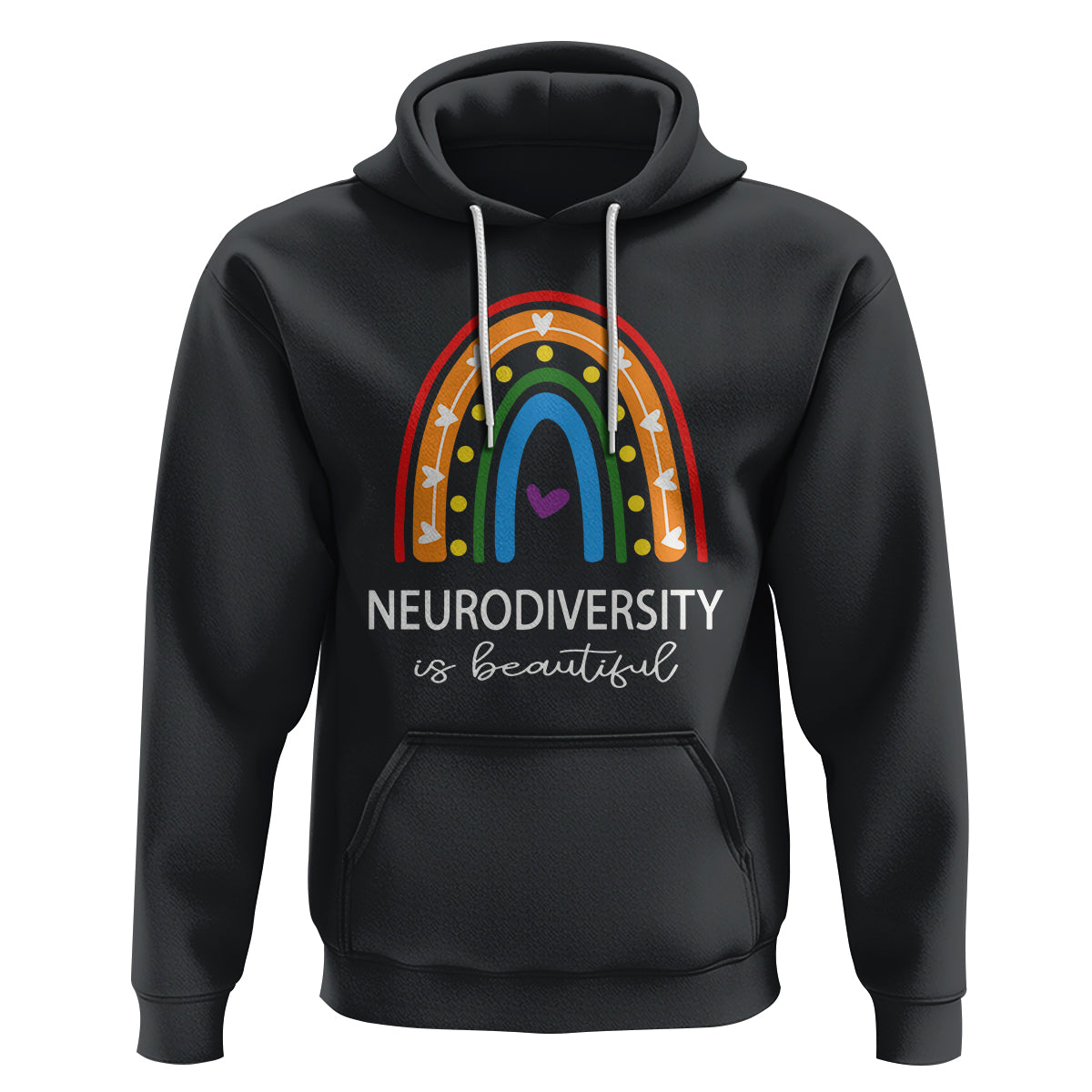 Black hoodie with rainbow arch heart graphic and 'Neurodiversity is beautiful' text, front pocket.