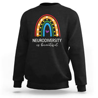 Black crewneck sweatshirt with rainbow arch and 'NEURODIVERSITY is beautiful' text
