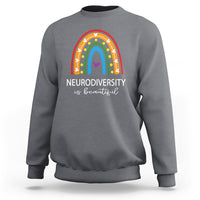 Charcoal heather crewneck sweatshirt with rainbow arch and 'NEURODIVERSITY is beautiful' text