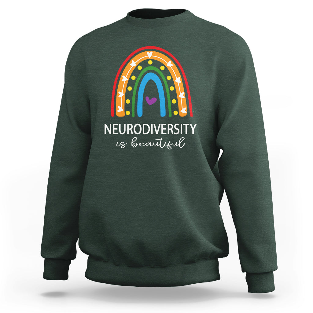 Dark forest green crewneck sweatshirt with rainbow arch and 'NEURODIVERSITY is beautiful' text