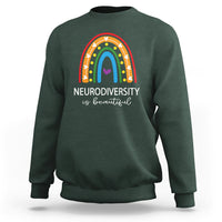 Dark forest green crewneck sweatshirt with rainbow arch and 'NEURODIVERSITY is beautiful' text