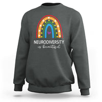 Dark heather gray crewneck sweatshirt with rainbow arch and 'NEURODIVERSITY is beautiful' text