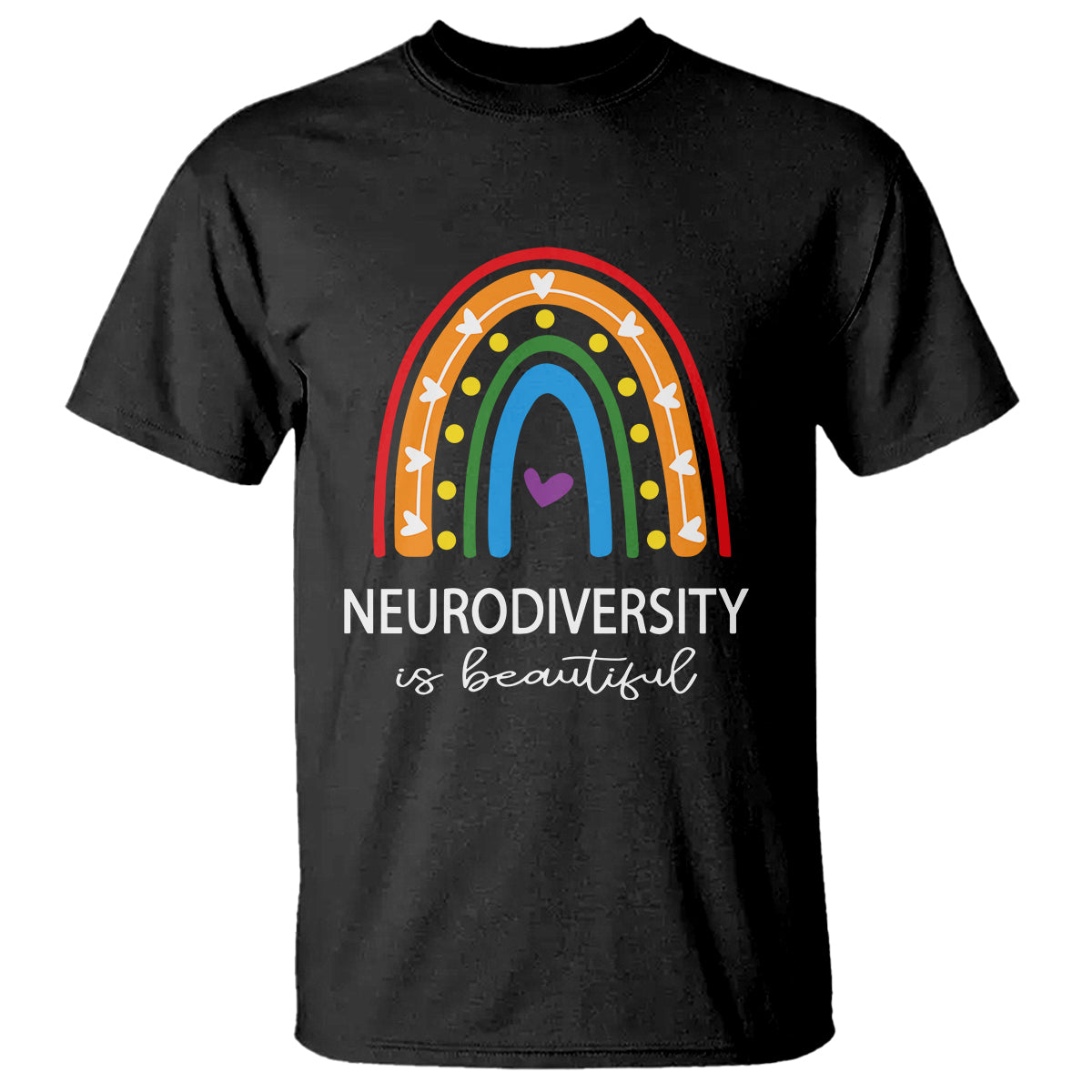 Black t-shirt with rainbow arch heart graphic and 'Neurodiversity' text