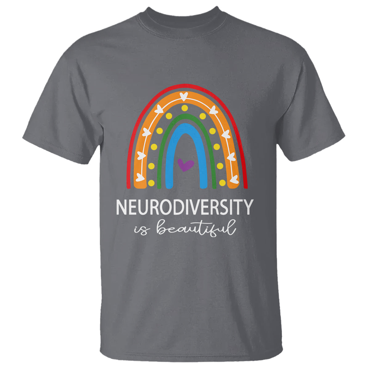 Charcoal gray t-shirt with rainbow arch heart graphic and 'Neurodiversity' text