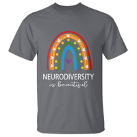 Charcoal gray t-shirt with rainbow arch heart graphic and 'Neurodiversity' text
