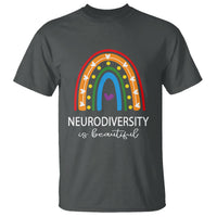 Dark heather t-shirt with rainbow arch heart graphic and 'Neurodiversity' text