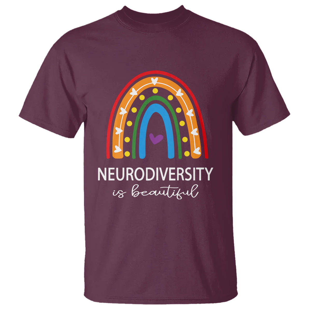 Maroon t-shirt with rainbow arch heart graphic and 'Neurodiversity' text