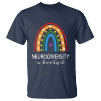 Navy t-shirt with rainbow arch heart graphic and 'Neurodiversity' text