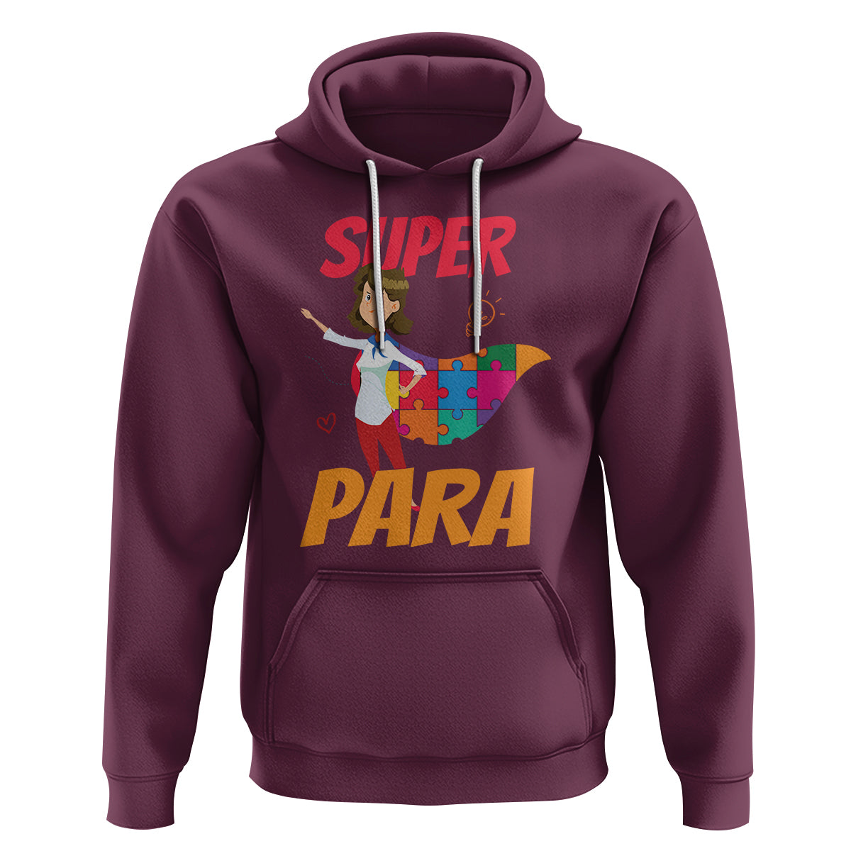 Maroon pullover hoodie, drawstring hood, kangaroo pocket, 'SUPER PARA' colorful graphic
