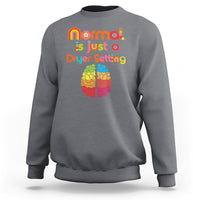 Dark heather gray autism sweatshirt with rainbow text 'normal is just a Dryer Setting' and brain