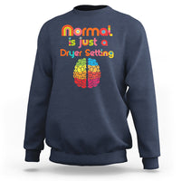 Navy autism sweatshirt with rainbow text 'normal is just a Dryer Setting' and brain graphic
