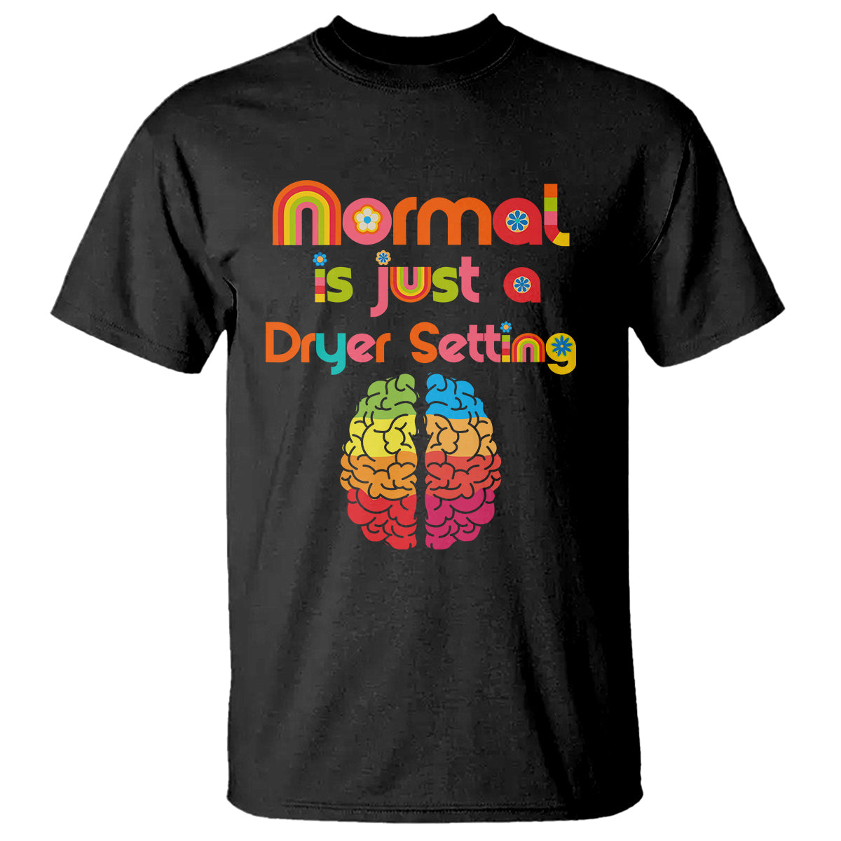 Black autism awareness T-shirt with rainbow “Normal is Just a Dryer Setting” brain graphic