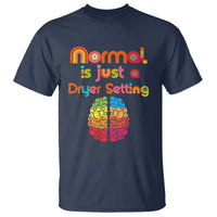 Navy autism awareness T-shirt with rainbow “Normal is Just a Dryer Setting” brain graphic