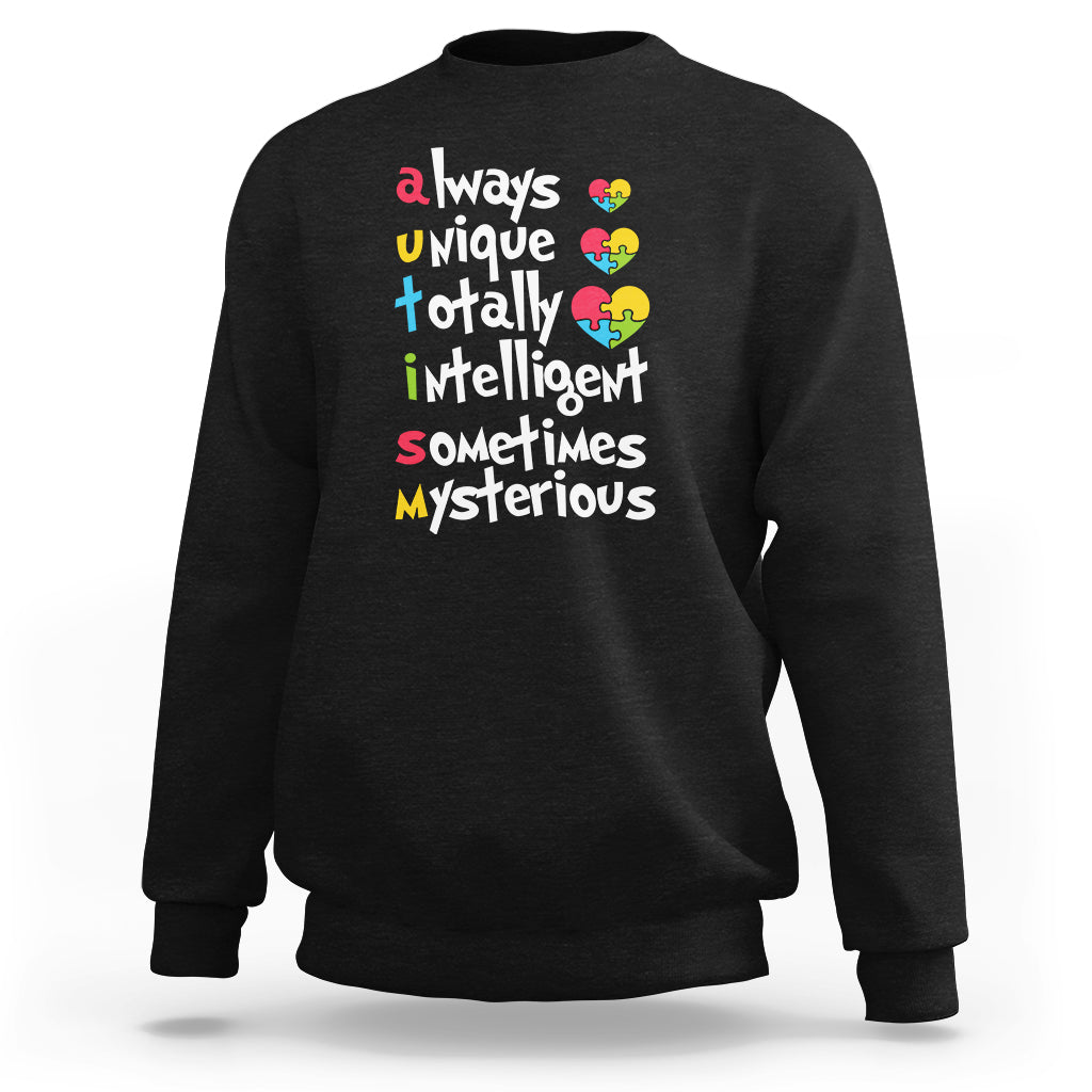 Autism awareness sweatshirt, black, multicolor puzzle-heart slogan graphic