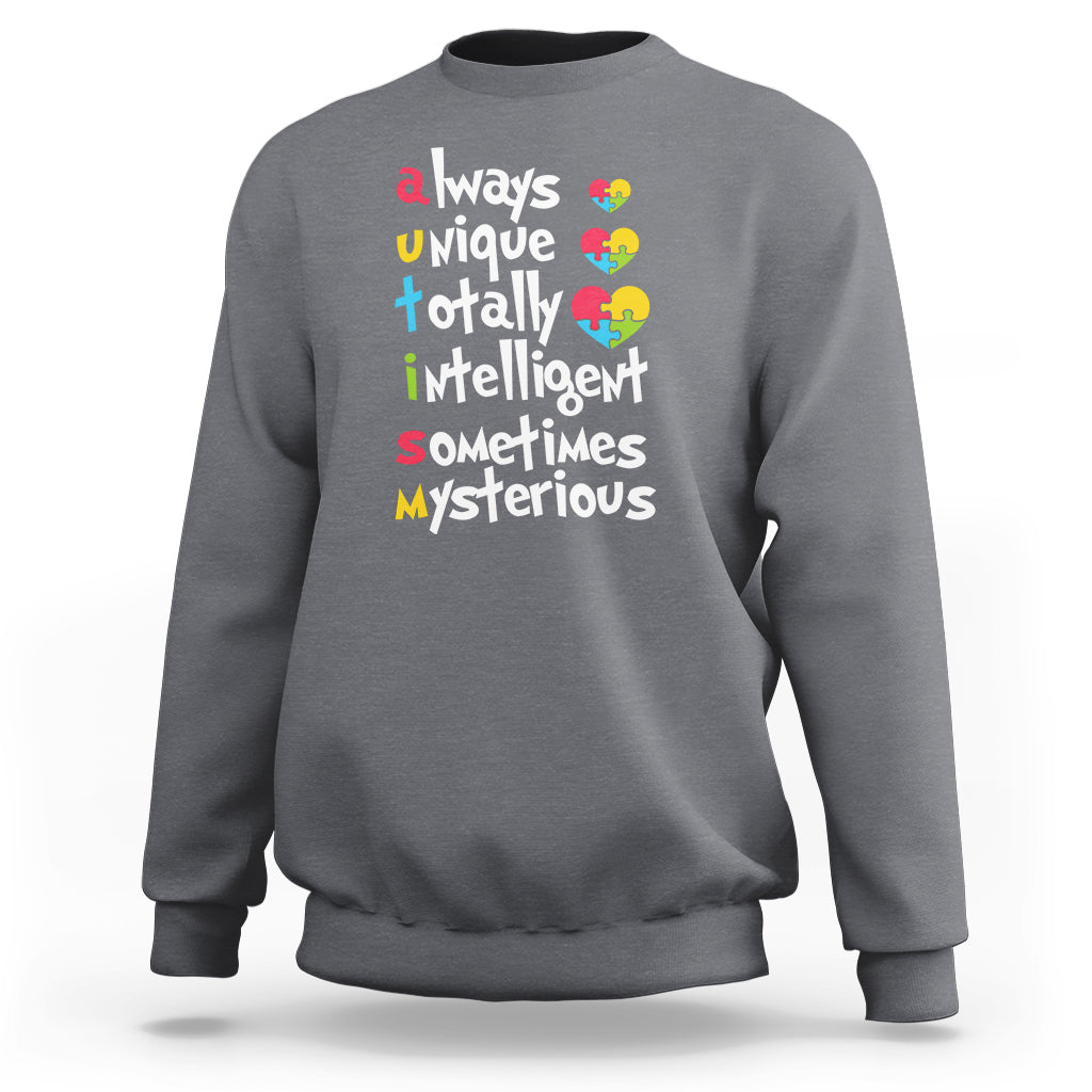 Autism awareness sweatshirt, heather gray, multicolor puzzle-heart slogan graphic