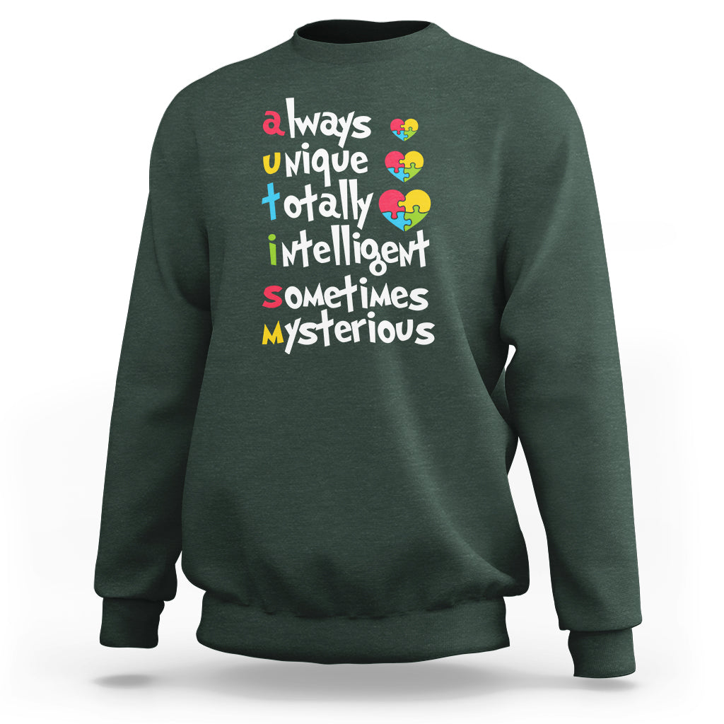 Autism awareness sweatshirt, dark green, multicolor puzzle-heart slogan graphic