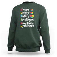 Autism awareness sweatshirt, dark green, multicolor puzzle-heart slogan graphic